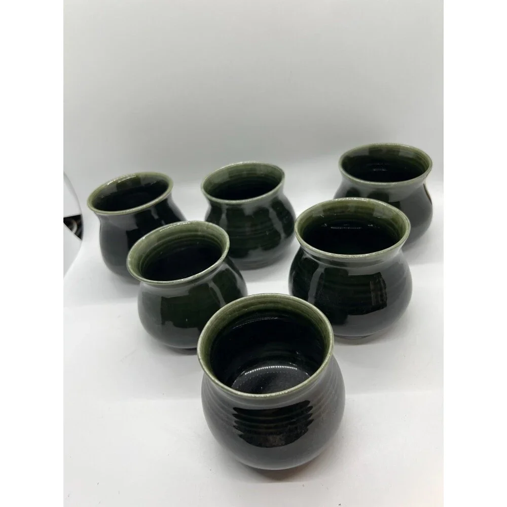 6 Art Pottery Glazed Stoneware Small Drinking Cups Set BB signed green whiskey